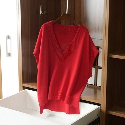 FRSEUCAG 19 Весна женский свободный свитер без рукавов вязаный жилет сплошной цвет короткий пуловер с v-образным вырезом кашемировое шерстяное пальто жилет - Цвет: Красный