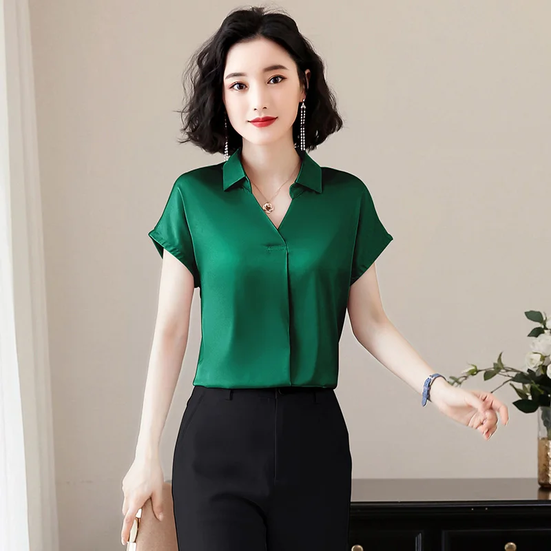 Korean Fashion Silk Women Blouses Satin Solid Short Sleeve Pink Women Shirts Plus Size XXXL Womens Tops and Blouses - 33021402613