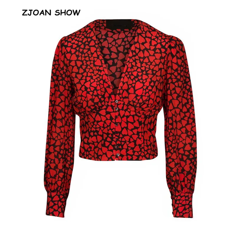 

Retro Deep v neck RED Heart Sharp Print Shirt 2018 New Woman Single-breasted Buttons Puff Sleeve Cardigan Slim fit Blouse Tops
