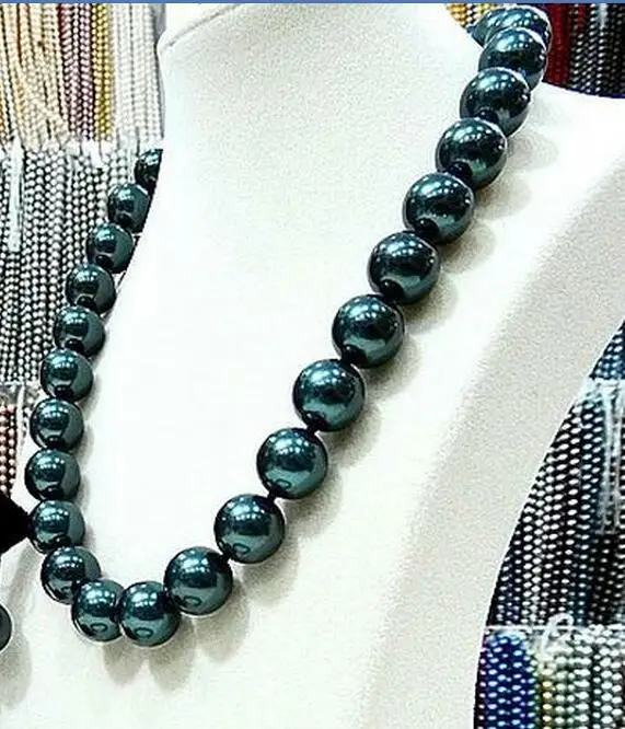 

classic jewelry necklace 16mm round bead deep green black Natural SOUTH SEA SHELL PEARL NECKLACE 18'' 45cm