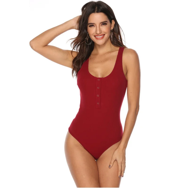 Summer Casual Sleeveless Women Bodysuit 2019 Fashion Skinny Playsuit Female Solid Color Button Jumpsuit Female Romper Summer Casual Sleeveless Women Bodysuit 2019 Fashion Skinny Playsuit Female Solid Color Button Jumpsuit Female Romper