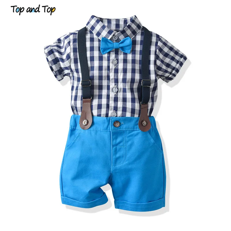 

Top and Top Baby Boys Clothes Set Summer Toddler Plaid Short Sleeve Shirt Tops+Suspenders Shorts Gentleman Suit for Wedding