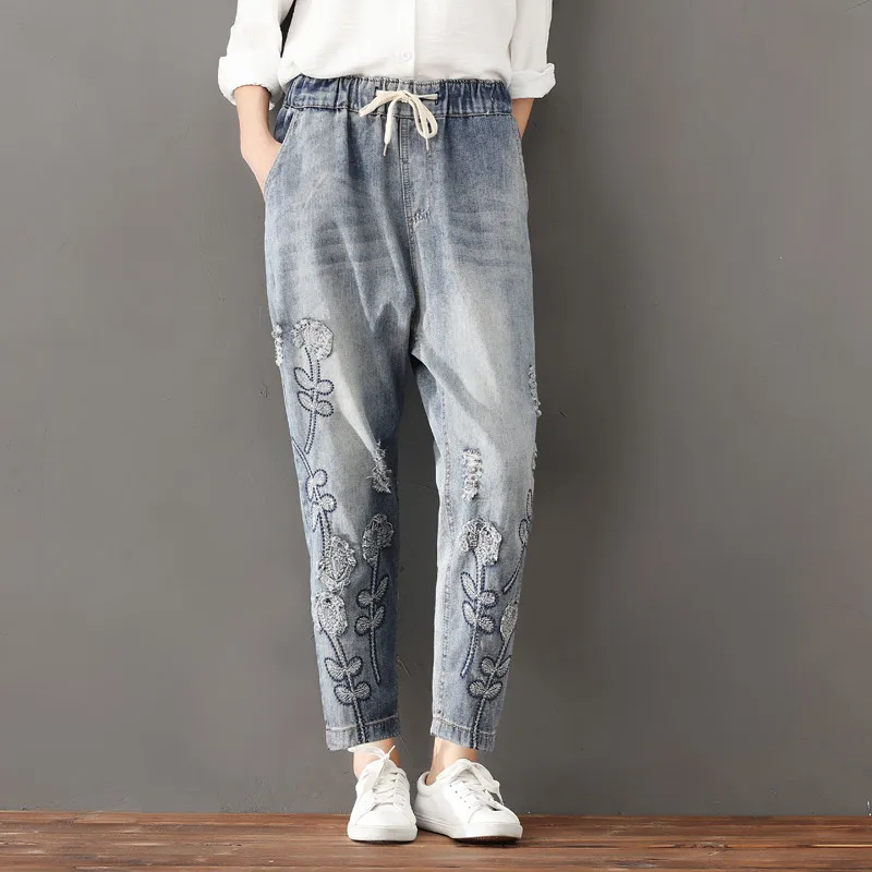 2018 New Jeans Plus Size Women Autumn Hole Harem Pants Floral Elastic Waist Show Thin Vintage Capris Blue ZY2383 | Женская одежда