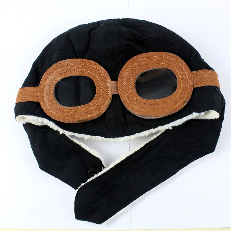 Детские зимние шапки-бомберы, сохраняющие тепло, есть очки, шлем летчика для мальчиков, шапки с защитой ушей, мягкие Меховые шапки T016 - Цвет: Черный