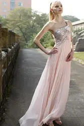 Бесплатная доставка макси платье 2016 новый Розовый одно плечо мода vestidos formales длинные шифон невесты горничная платья вечерние платья