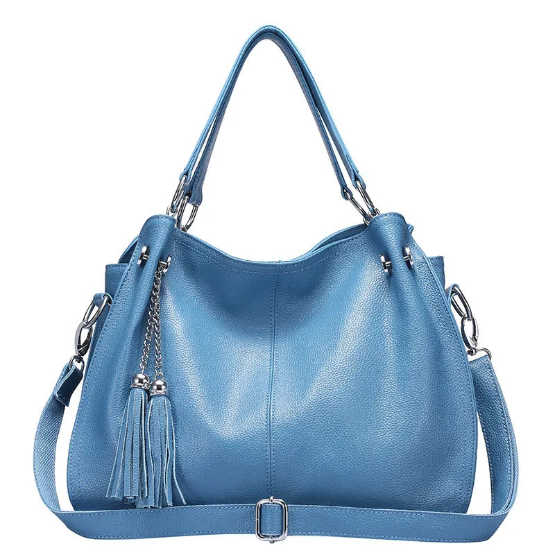 Zency Классическая Брендовая женская сумка через плечо натуральная кожа модная сумка-хобо с кисточками женская сумка-мессенджер сумка через плечо черный - Цвет: Light Blue