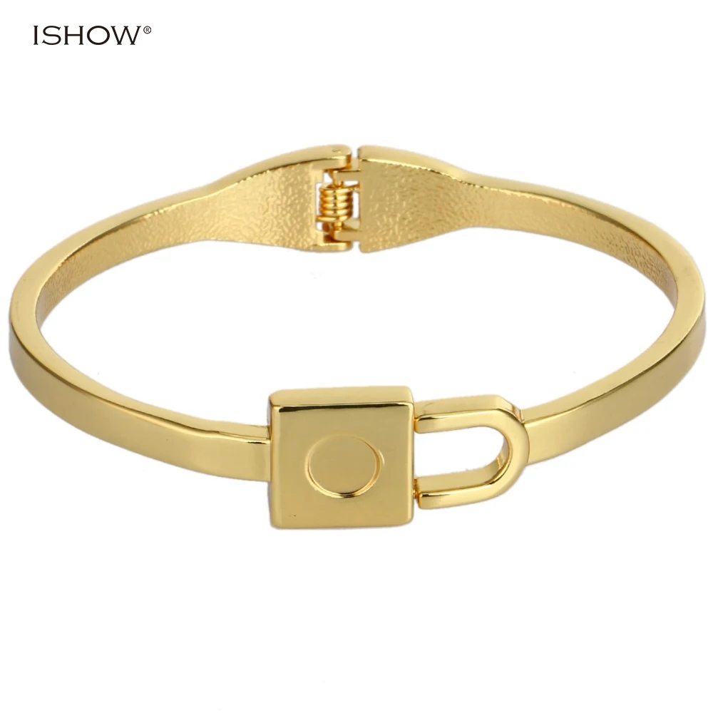 Open Cuff Bracelet Gold color Bangles Womens Minimalist Lock Cuff