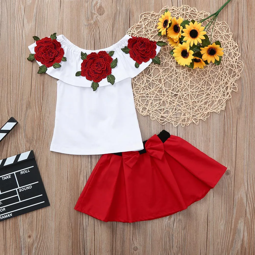 

Toddler Baby Girls Off Shoulder Embroidery Rose Tops+Skirts Outfits Roupa Menina Conjunto Abbigliamento Bambine Kid Girl Clothes