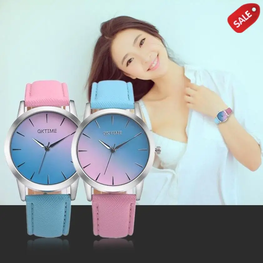 Новая мода кварцевые часы для женщин Девушка Ретро, дизайн радуги кожаный ремешок наручные часы браслет erkek saat reloj mujer# F