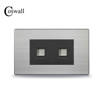 

COSWALL Luxury Wall Double 4 Core CAT3 Telephone Socket Dual Tel Outlet Stainless Steel Brushed Silver Panel 118mm*72mm