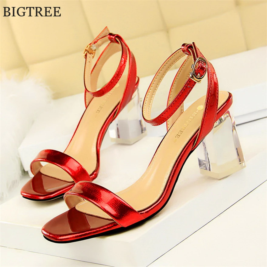 

2019 Transparent Crystal Heels Women Sandals Open Toe Solid Patent Leather High Heels Shoes Women's Fashion Buckle Casual Sandal