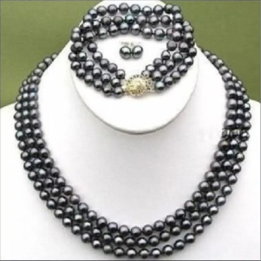 

Free Shipping >>>>>BEAUTIFUL 3 ROWS BLACK 8-9 MM TAHITIAN NATURAL PEARL NECKLACE BRACELET EARRING