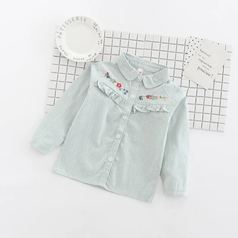 Блузки для маленьких девочек с длинными рукавами и цветочной вышивкой, г., детские блузки для девочек, хлопковые рубашки для малышей Одежда для детей от 2 до 7 лет