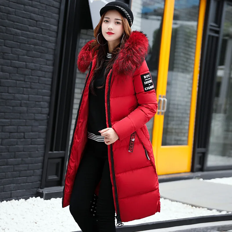 Модная новая теплая зимняя куртка, Женское пальто размера плюс, толстый длинный пуховик, Женская куртка с большим меховым воротником, хлопковое пальто, женская верхняя одежда - Цвет: Red