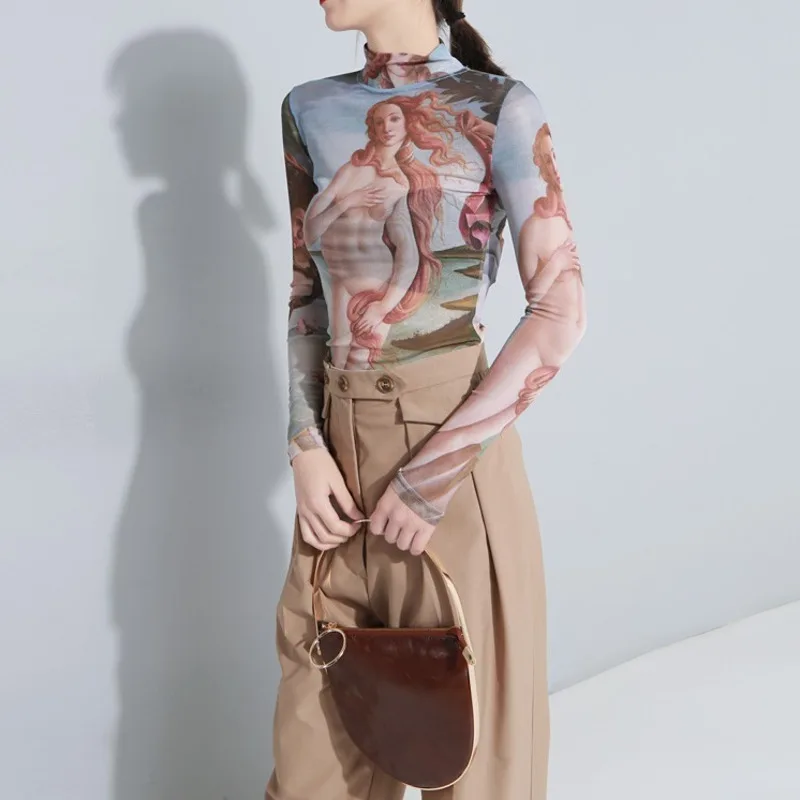 

OLOEY2019 New neck Full sleeve Tattoo Half Perspective Canvas Oil Painting Clothing Wild Slim Sexy Retro T-shirt Tops H827