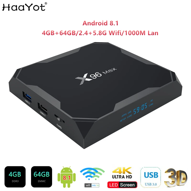 

HAAYOT X96 MAX Android 8.1 Smart TV BOX 4GB DDR4 64GB Rom Set Top Box 4K 3D 2.4/5.8G Dual Wifi 1000M Media Player IPTV Boxes