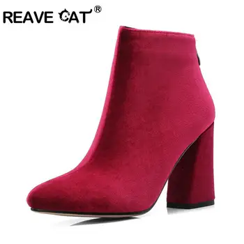 

REAVE CAT Women short Boots Autumn Winter Boots Classic Zipper Ankle Boots flock Warm shoes Women Shoes bota feminina B877a