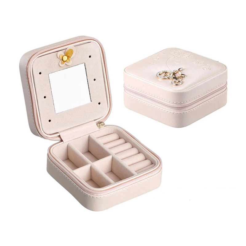 

Portable Square Jewelry Box Women Girl PU Earrings Necklaces Rings Makeup Organizer Storage with Mirror Travel Display Case Gift