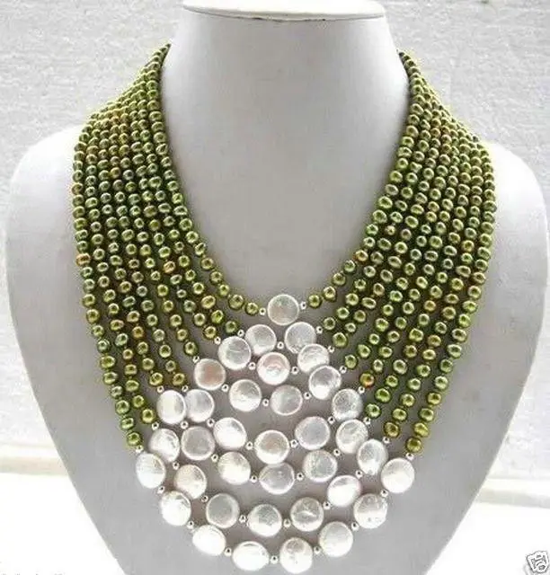 

Wholesale fast 8 Rows 6-7mm green FW pearl white coin pearl necklace