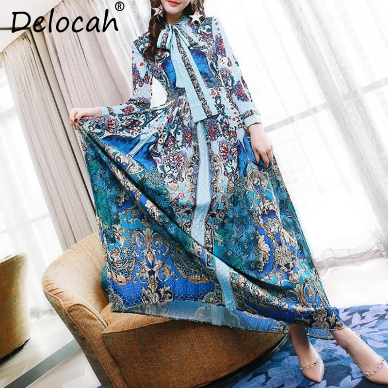 

Delocah Autumn Women Dress Runway Fashion Designer Bow Collar Peacock Printed Pleated Slim A-Line Dresses Lady Vestidos