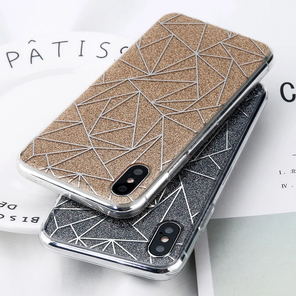 Phone - Glitter Bling Powder Phone Case For iPhone X Geometric Lines Hard PC Back Cover Cases For iPhone 8 7 6 6s Plus 5 5s SE
