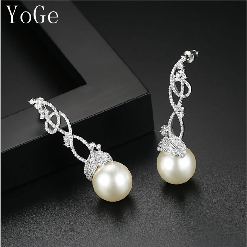 YoGe E5429 AAA CZ и имитация жемчуга лоза листья Длинные серьги гвоздики, Свадебные/вечерние ювелирные изделия для женщин аксессуары