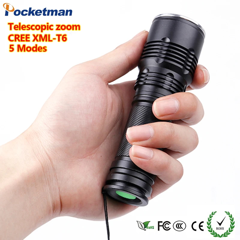 

T6 LED Flashlight 3800 Lumens Tactical Torches 5 Modes Zoomable Outdoor Light Powerful Bike Lamp with Battery Charger