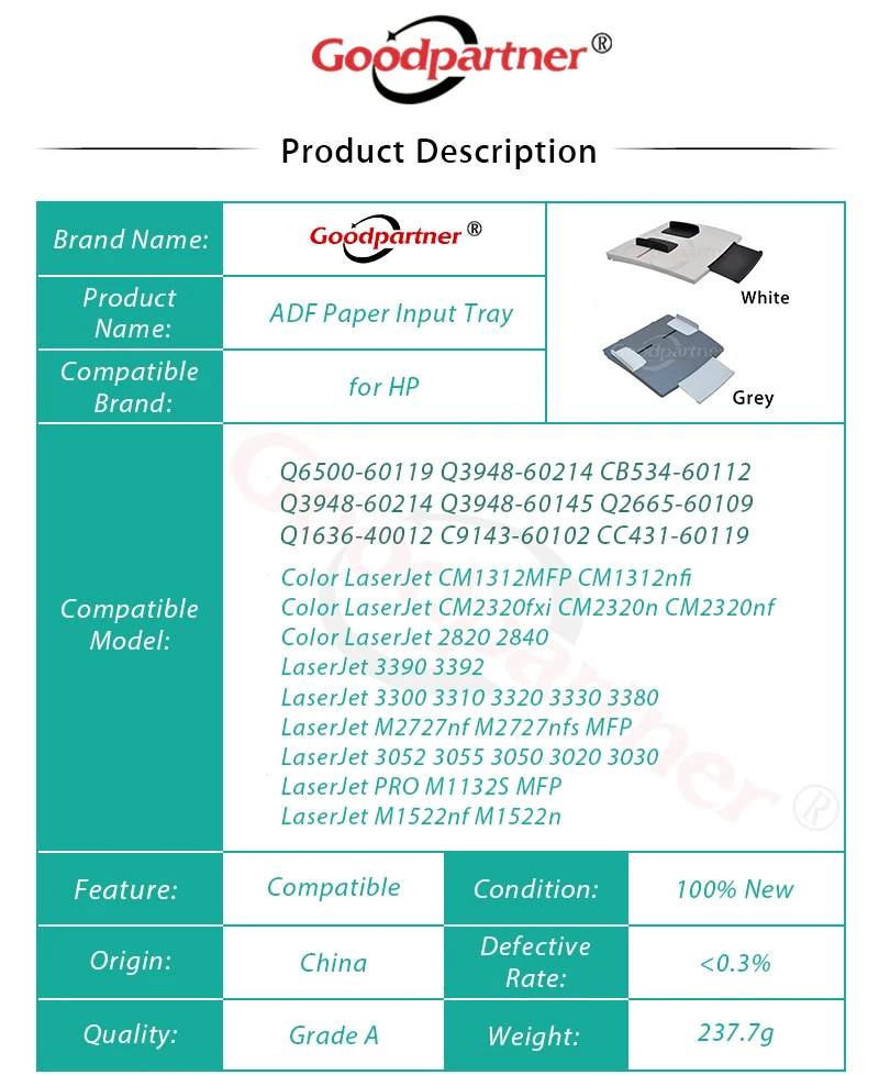 Color: White Printer Parts ADF Paper Input Tray for HP Q6500-60119 Q3948-60214 CB534-60112 Q3948-60214 Q3948-60145 Q2665-60109 Q1636-40012 CC431-60119 1312 