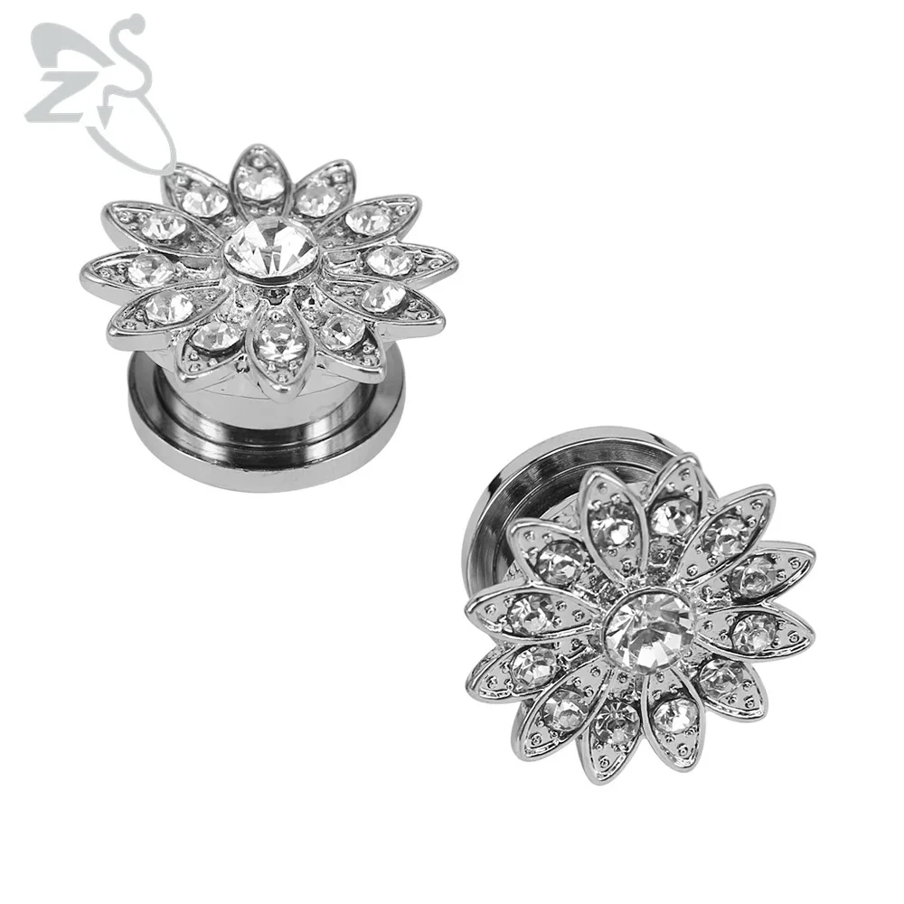 Brilliant Flower Cz Crystal Ear Plugs Expander Aaa Cubic Zirconia Ear