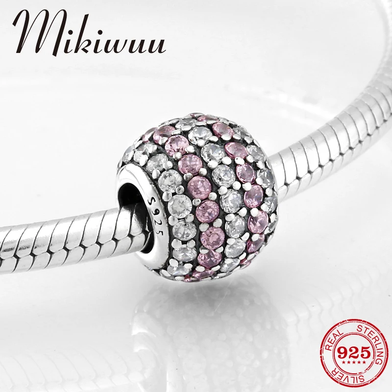 

925 Sterling Silver Clear and pink Stripe Crystal CZ charms bead Jewelry making Fit Original Pandora Women DIY Bracelet
