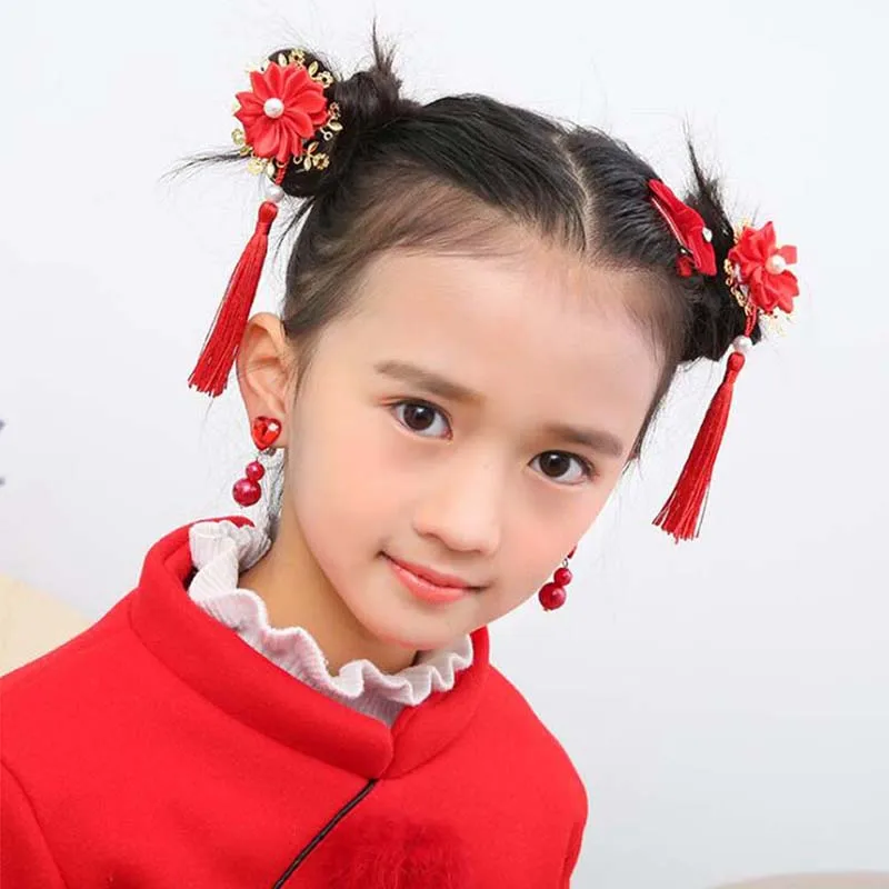 Милая повязка на голову с цветочным рисунком и кисточками для маленьких девочек, модный головной убор для малышей, заколка для волос, аксессуары для волос, китайский Танг, стиль