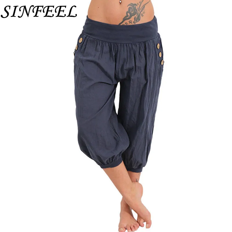 Брюки Капри SINFEEL 5XL Женские повседневные брюки из хлопка и льна с эластичным