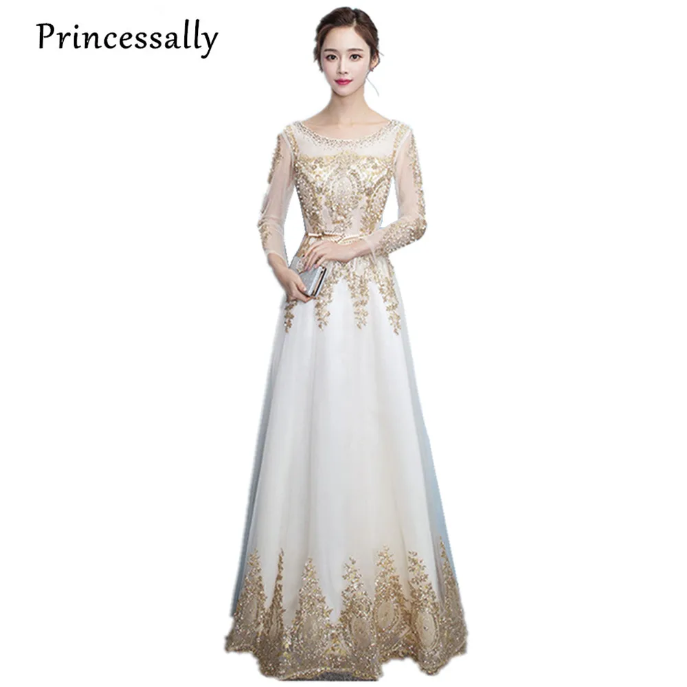 

Elegant Evening Dresses Long Sleeved With Beading Glod Appliques Banquet Scoop Neck A-line Long Prom Formal Dress Robe De Soiree