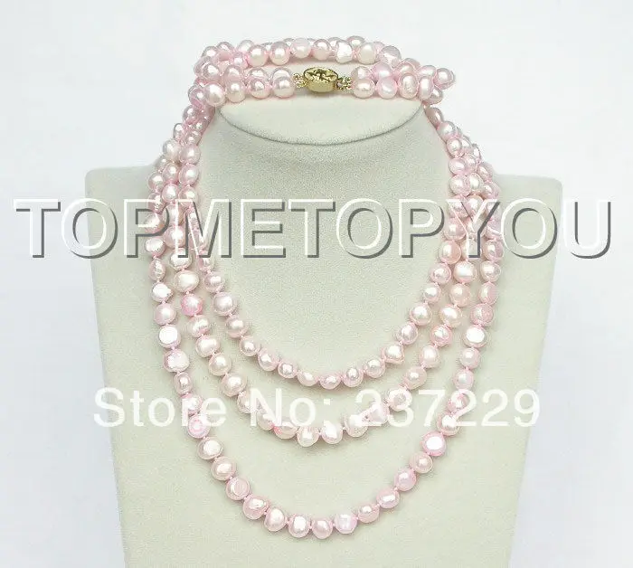 

Wholesale price Fast shipping + aset 49" 9mm baroque soft pink pearls necklace bracelet E1425 (A0516) -Bride jewelry free shippi