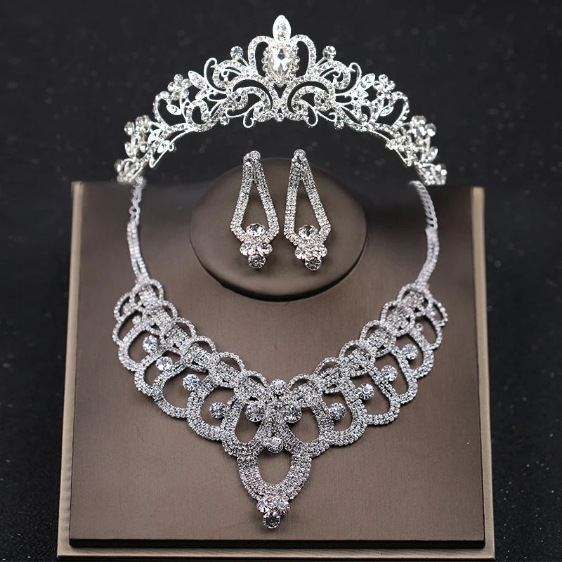Fashion Silver Tiaras Crowns Necklace Earrings Sets Crystal For Bridal Women Wedding Hair
