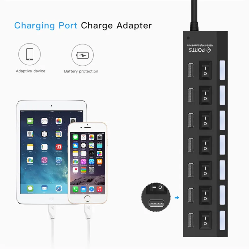 Высокоскоростной usb разветвитель с 7 портами USB 2 0 светодиодный адаптер