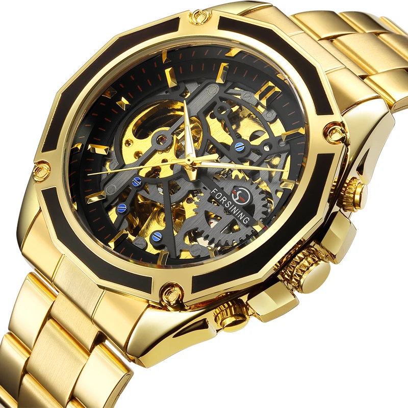 

2018 New Fashion Luxury Golden Full Stainless Steel Skeleton Luxury Design Men Watch Top Brand Automatic Self-Wind Male Clock