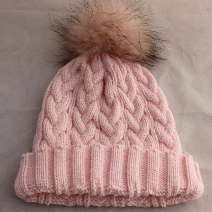 Женская теплая вязанная шерстяная шапка с меховым помпоном - Цвет: pale pink