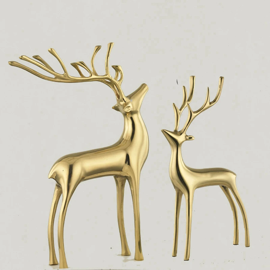 Golden Deer Figurine Copper Sculpture Mordern Art Brass Ornament Home