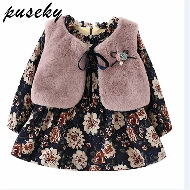 

Baby Girls Dress Autumn and Winter Girls Thicken Plus Velvet Long Sleeve Down Dress+White Fur Vest 2Pcs Suit Kids Clothes Dress