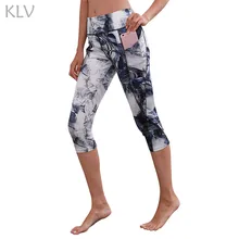 KLV спортивные женские леггинсы для фитнеса, йоги, спортзала, с высокой талией, с карманом на талии, с принтом, для йоги, фитнеса, леггинсы до середины икры, брюки#@ F