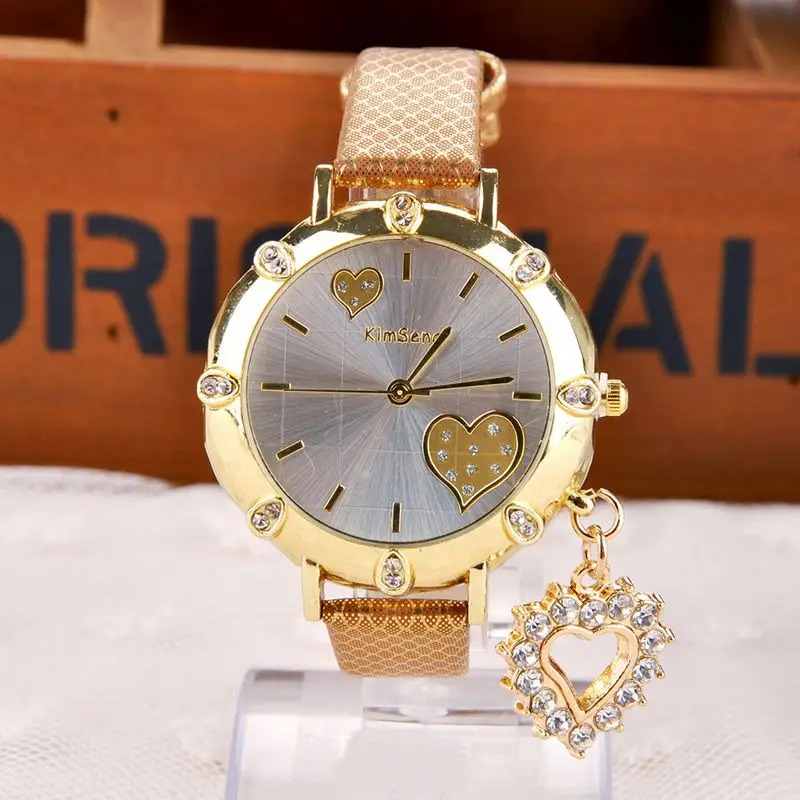 Quartz Checkered PU Leather Band Double Hearts watch with Rhinestones ...