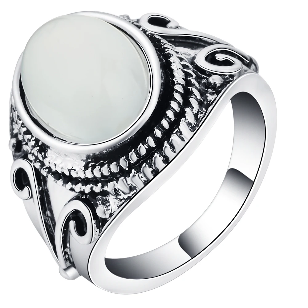 1pcs Antique Silver Color Vintage Opal Oval Rings Jewelry Retro Copper