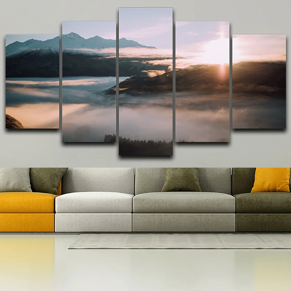 

Wall Art Pictures Home Decoration Posters Frame 5 Panel Mountains Clouds Mist Landscape Modern Living Room HD Printed Painting