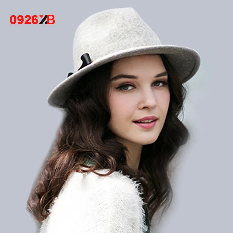 0926XB Women Grey Floppy Brim Pure Wool Fedora Hat Ribbon and Chain
