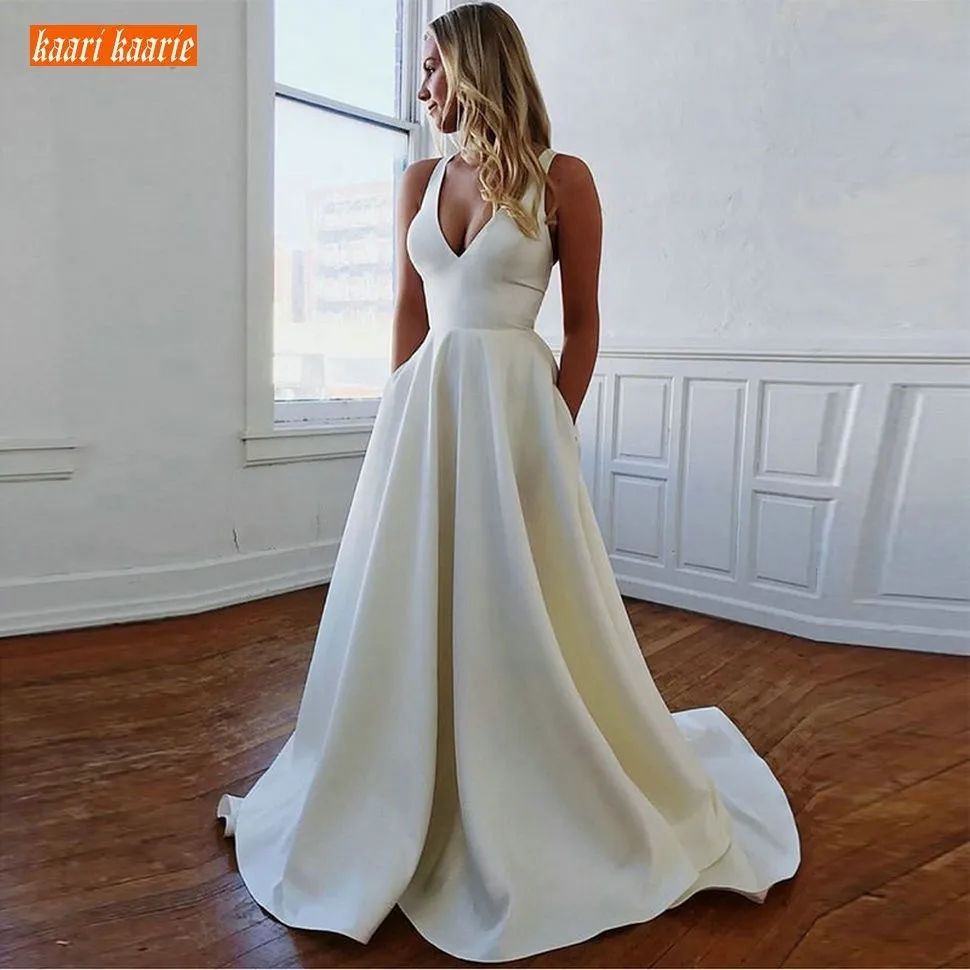 

Fashion White Wedding Dresses Long Formal Party 2019 Sexy Ivory Wedding Gowns V Neck Satin Backless Floor Length Bridal Dress