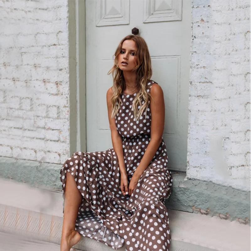 

Summer 2019 New Casual Women Maxi Dress Sleeveless O-Neck Beach Dress Loose Dot Streetwear Ladies Vintage Long Dresses Vestidos