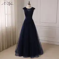 ADLN Navy A-line Prom Dresses Cap Sleeve Scoop Neck Floor Length Tulle Evening Party Gowns Robes De Soiree Lace-up Back