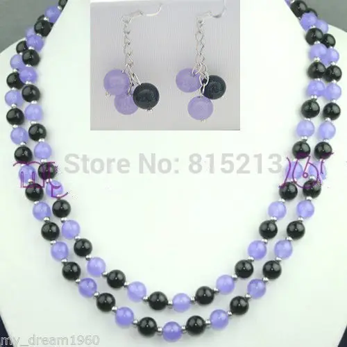 

ddh001010 HANDMADE 8mm PURPLE JADE & BLACK AGATE NECKLACE Earring SET