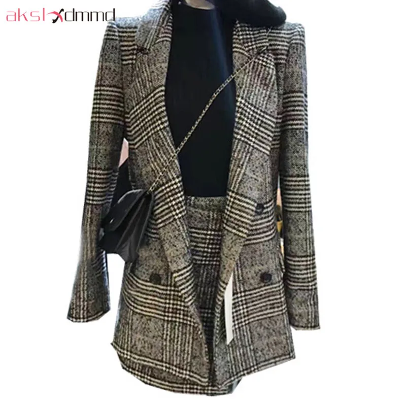 

AKSLXDMMD Two Pieces Set Women 2018 New Autumn and Winter Plus Size S-3XL Fashion Plaid Blazer + Skirt Set Office Suits LH1148